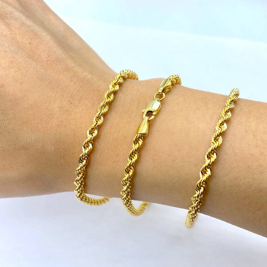 14K Yellow Gold Rope Bracelet 3.1mm-3.5mm