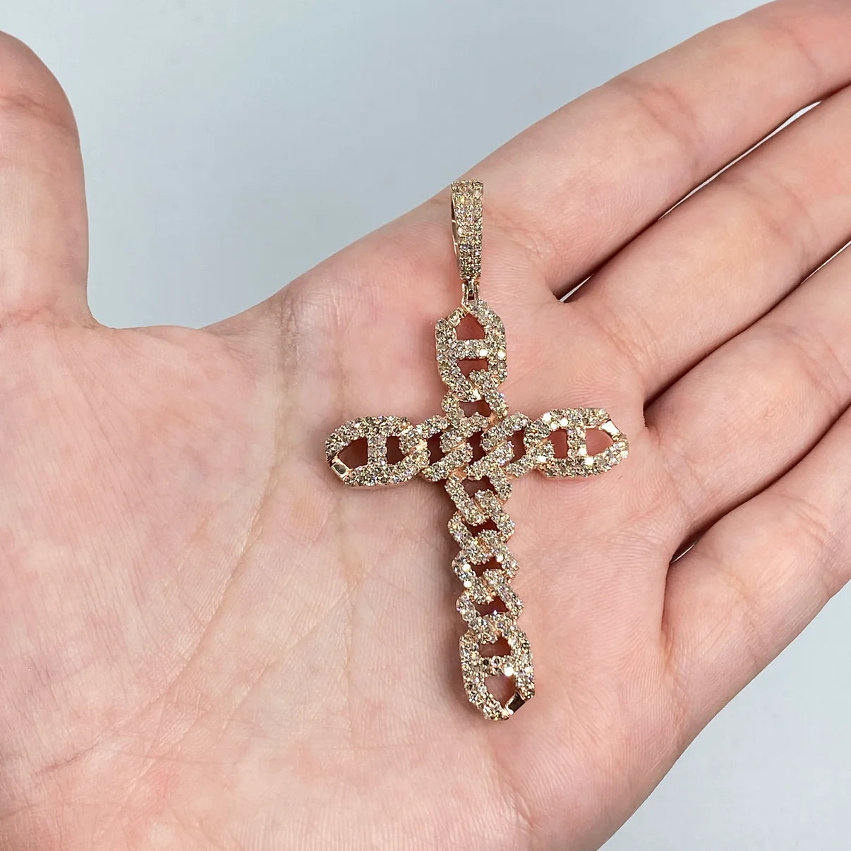 14K Gold Diamond Cuban Link Cross Pendant