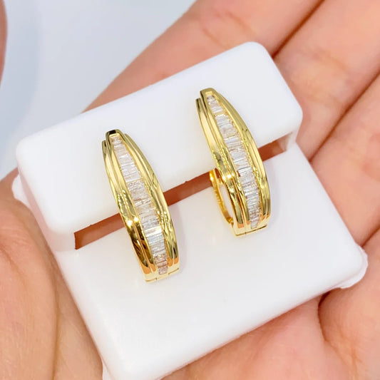 14K Gold Diamond Baguette Hoop Earring