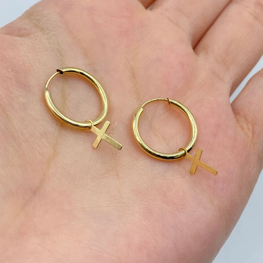 14K Yellow Gold Cross Hoop Earrings