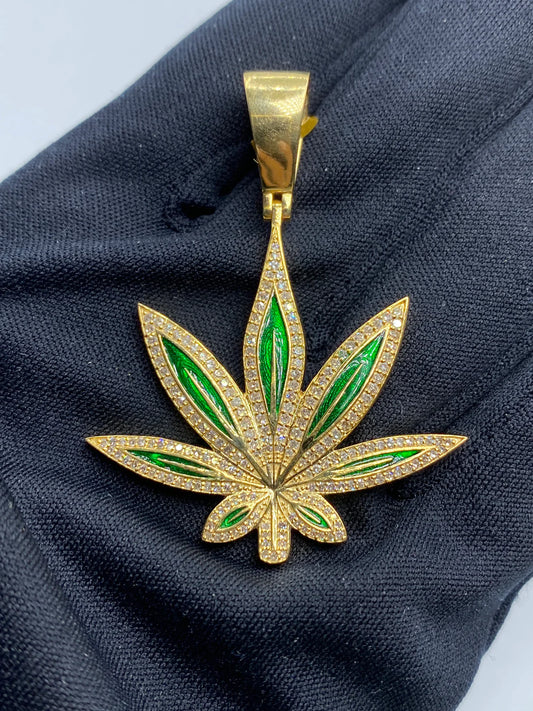 10K Gold Diamond Green Weed Pendant