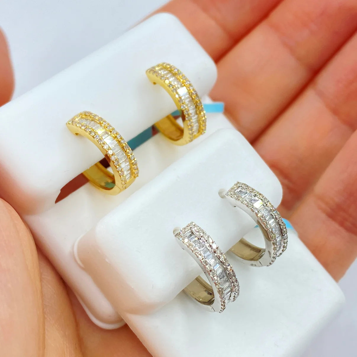 14K Gold Diamond Baguette Hoop Earring