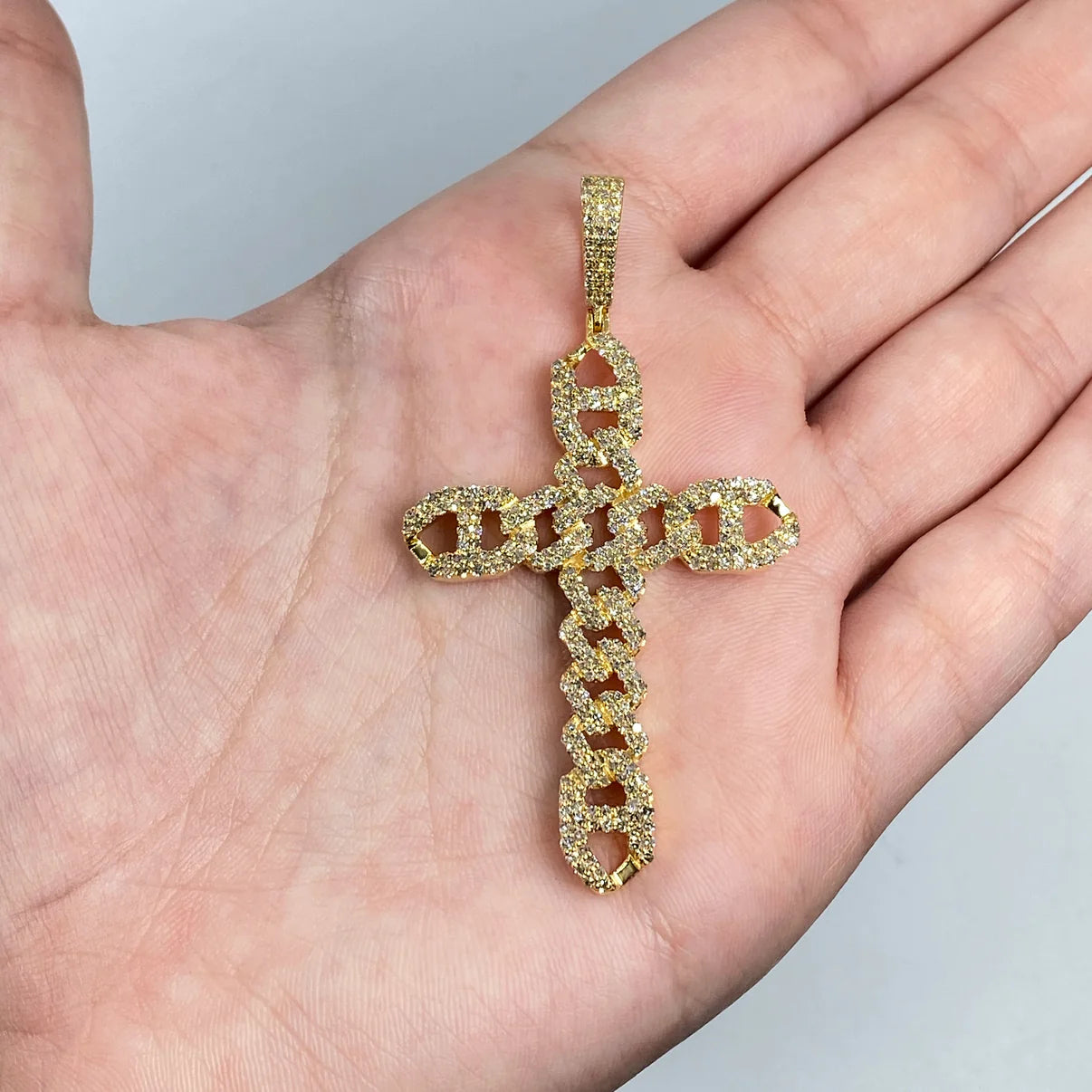 14K Gold Diamond Cuban Link Cross Pendant