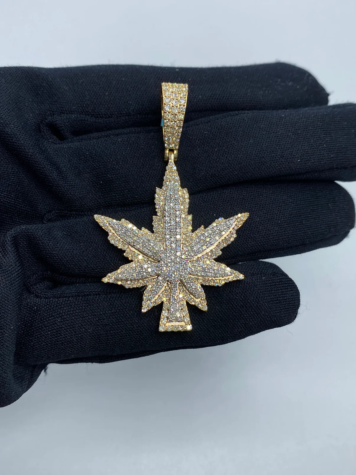 14K Gold Diamond Green Weed Pendant