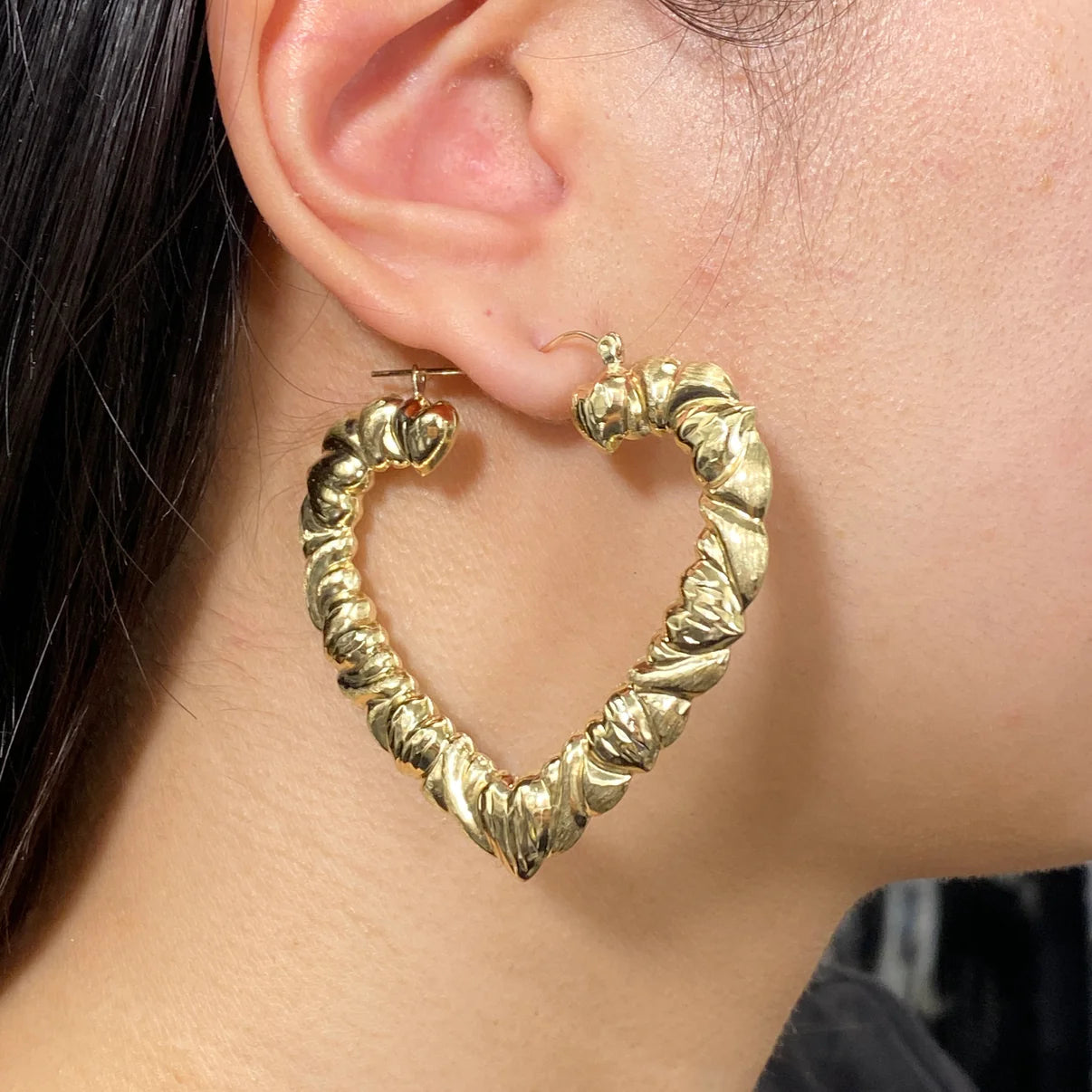 10K Yellow Gold Bamboo Heart Hoop Earring 2.3inches