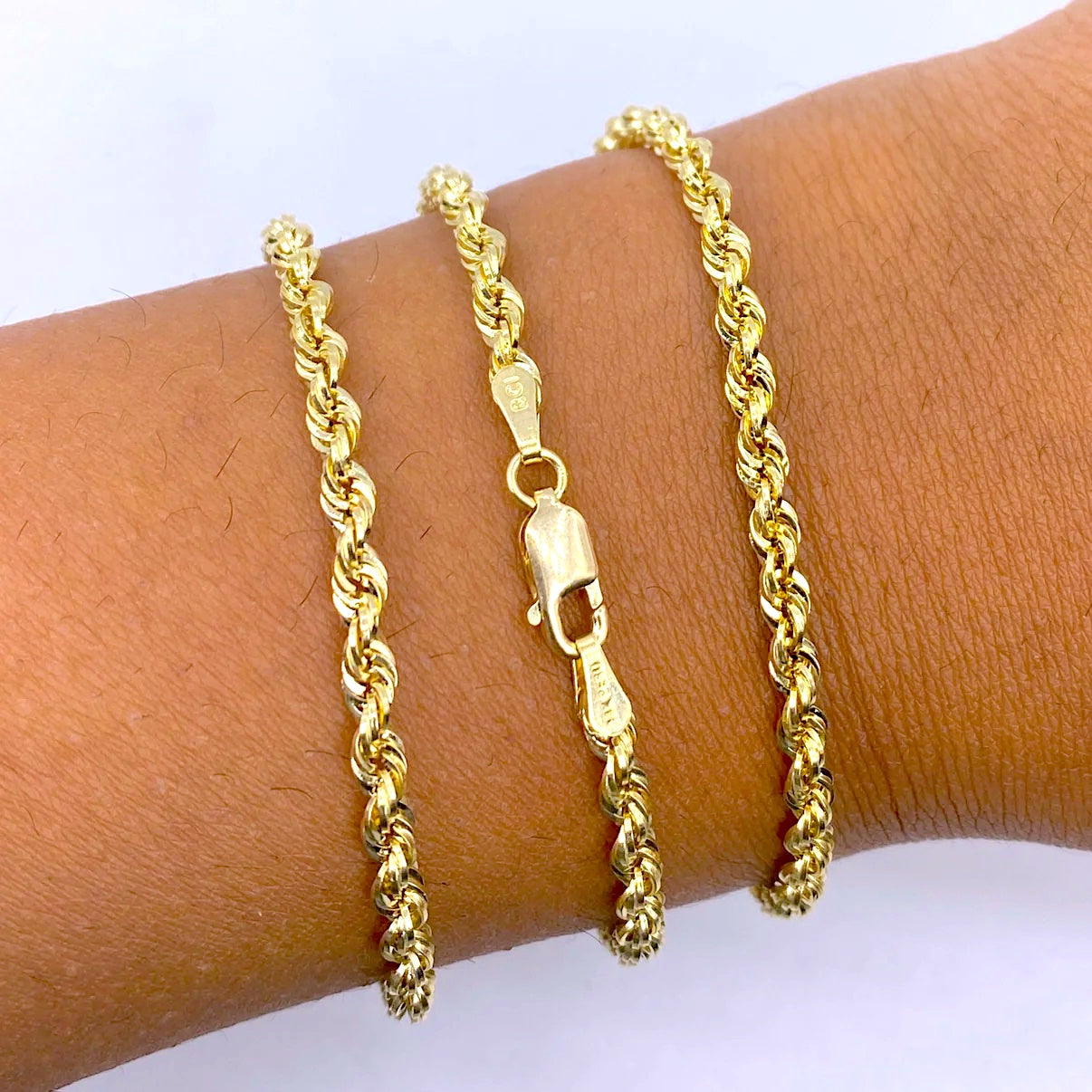 14K Yellow Gold Rope Bracelet 3.1mm-3.5mm