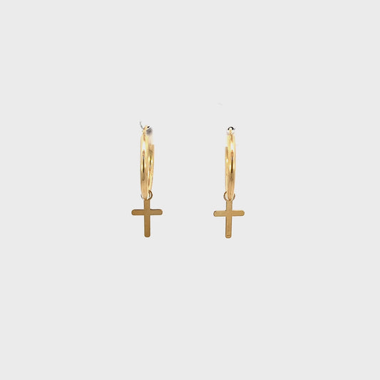 14K Yellow Gold Cross Hoop Earrings